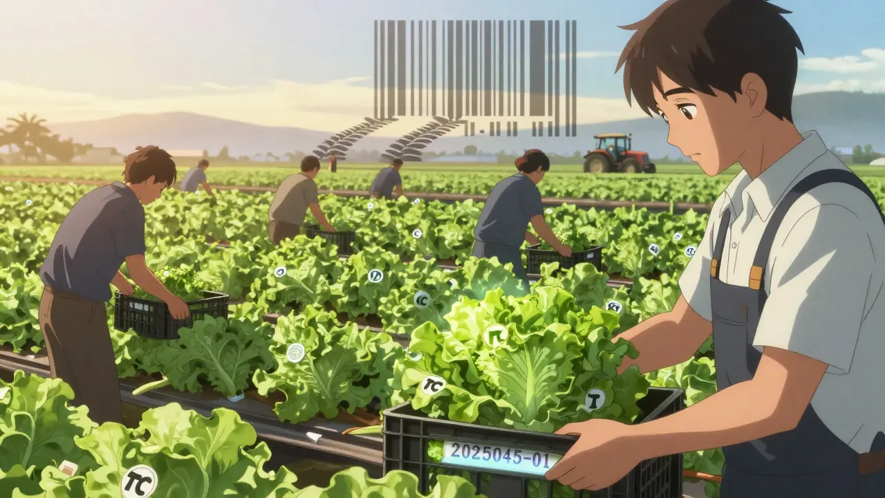 Farm workers apply unique traceability codes to crates of lettuce at dawn under morning light.
