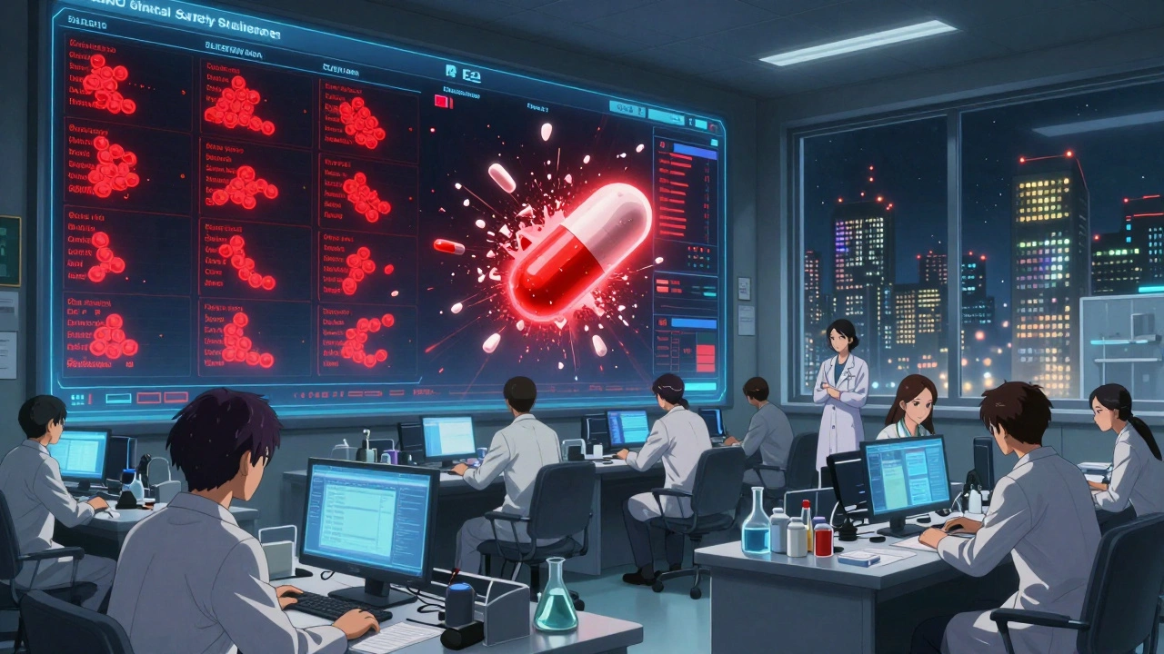 FDA team analyzing holographic data clusters of adverse drug reports in a high-tech control room.