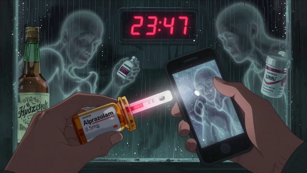 Hands using a fentanyl test strip with dangerous drug symbols floating behind.