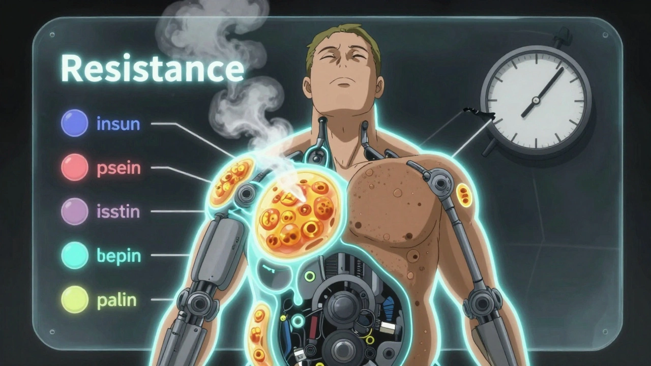 Human body with inflamed fat cells and dormant brown fat, surrounded by blocked hormonal signals.