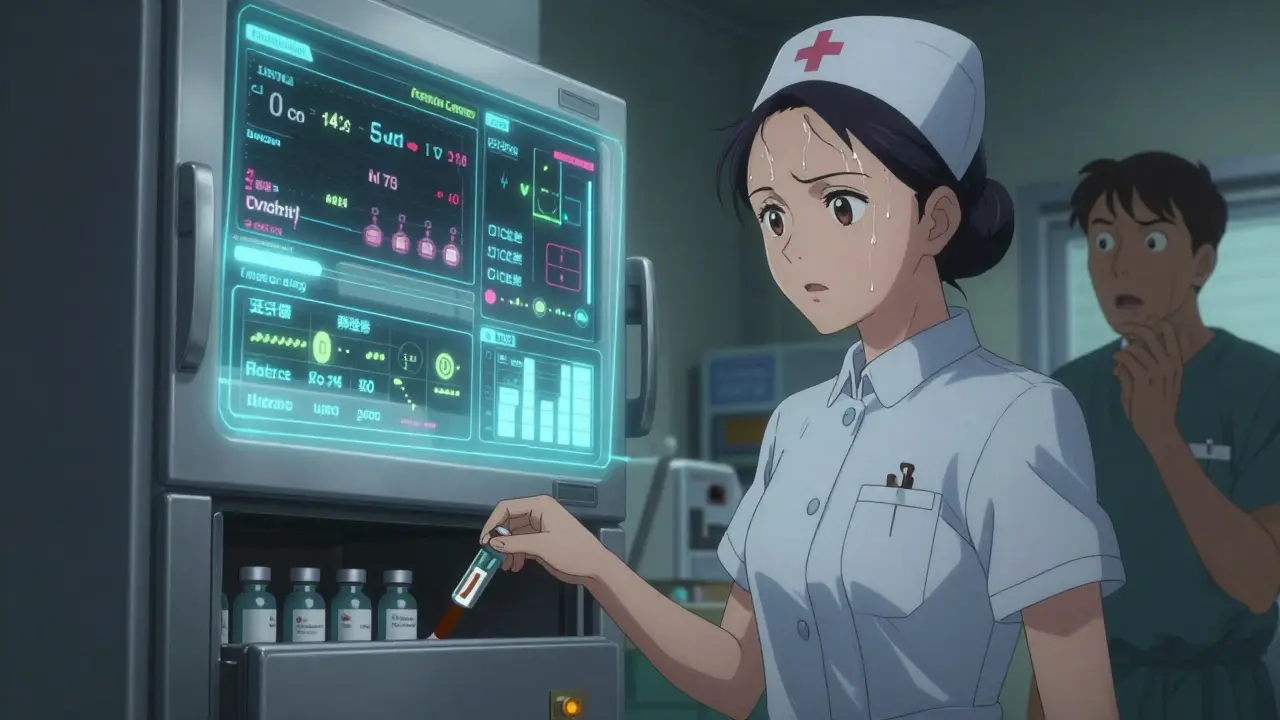 Nurse overriding an ADC in an ER while a colleague watches, holographic patient data flickering in background.
