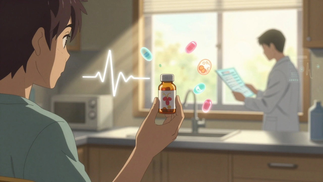 Patient holding generic pill bottle with medical molecules pulsing gently in sunlight.