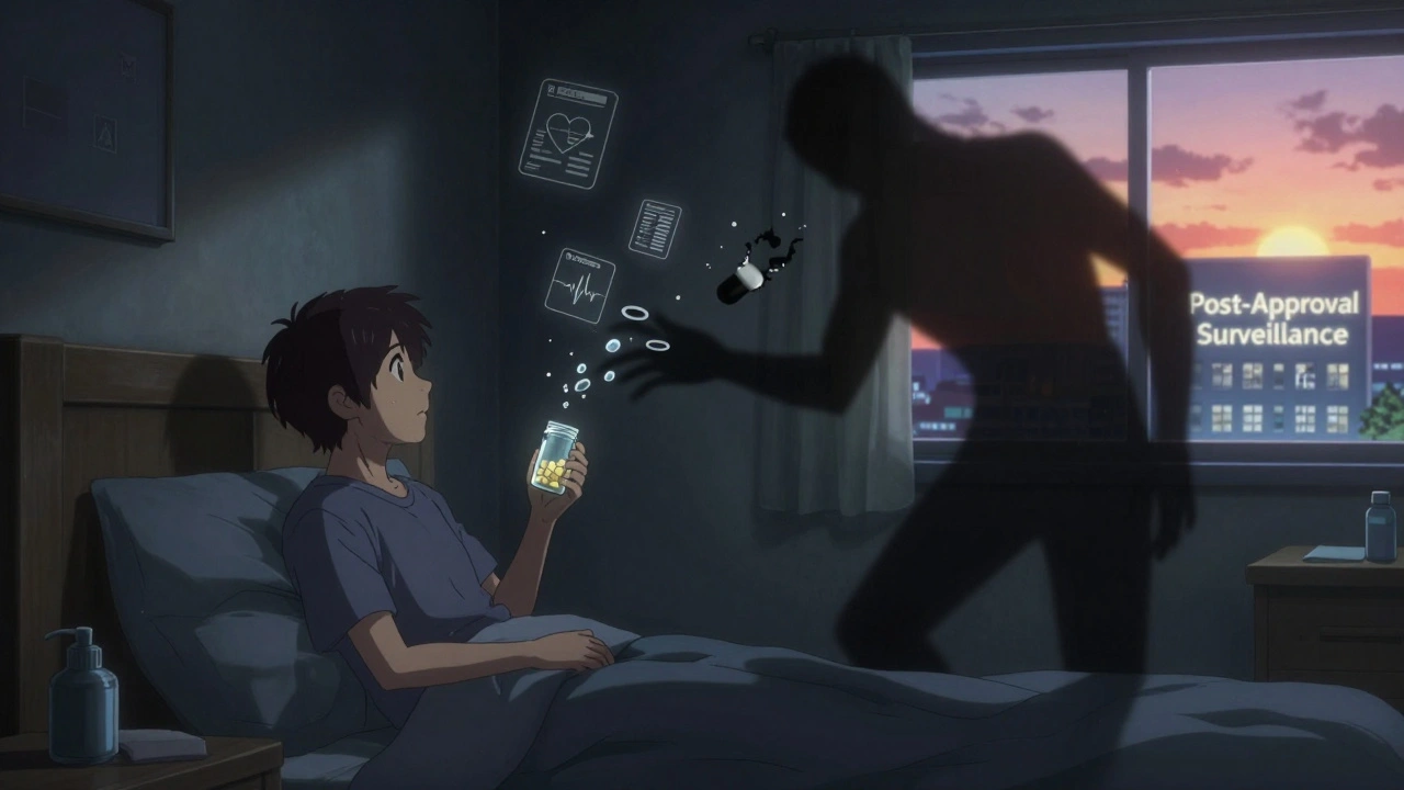 Patient staring at an empty pill bottle as a faulty capsule bursts in their shadow at night.