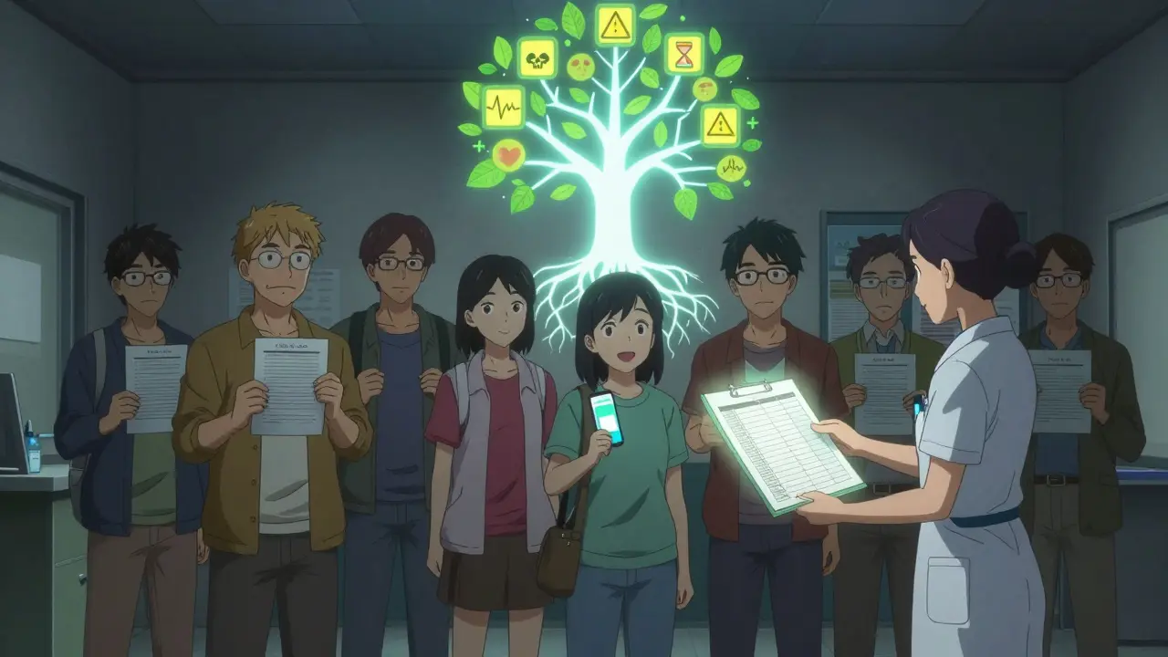 People in a health center sharing medication logs under a symbolic tree of awareness.