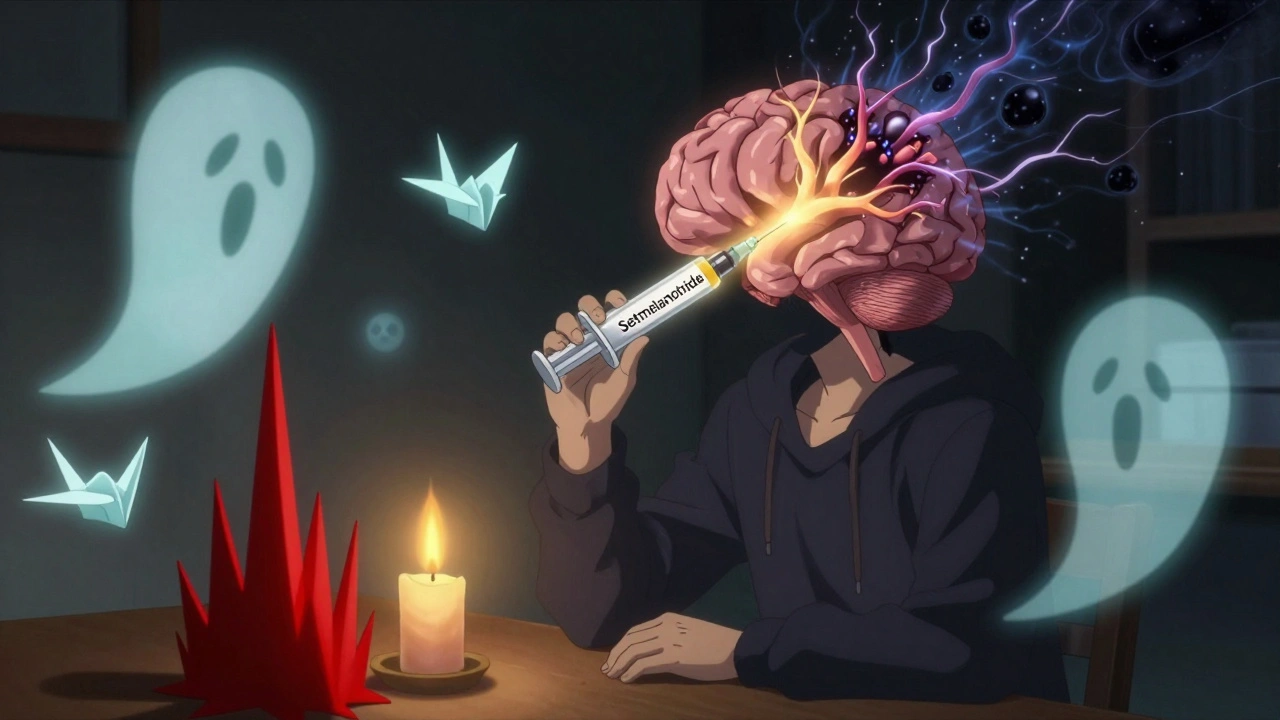 Person surrounded by fading hormone icons as a golden drug light reactivates their brain&#039;s fullness system.