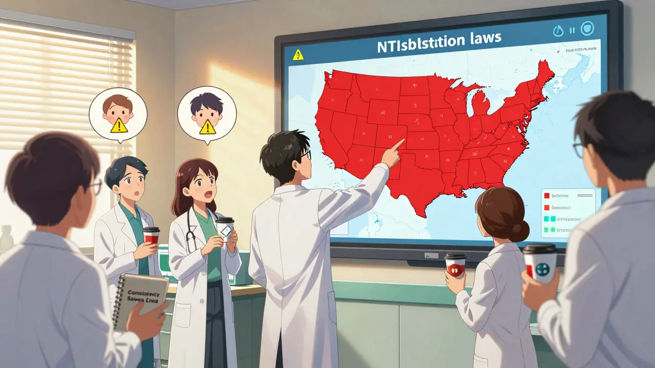 Pharmacists gathered around a U.S. map showing states without NTI substitution laws, holding drug icons.