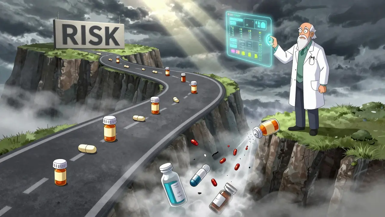 Pill bottle road leads to cliff; stable meds safe, liquid meds crumbling, pharmacist with sensor.