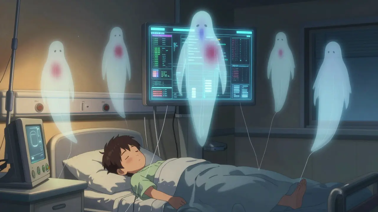 Sleeping child in ICU with ghostly side effect spirits floating above, tied to a central data hub.