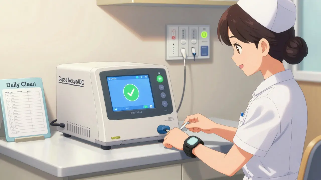 Small ADC on clinic counter with nurse scanning patient wristband, clean labels and checklist visible.