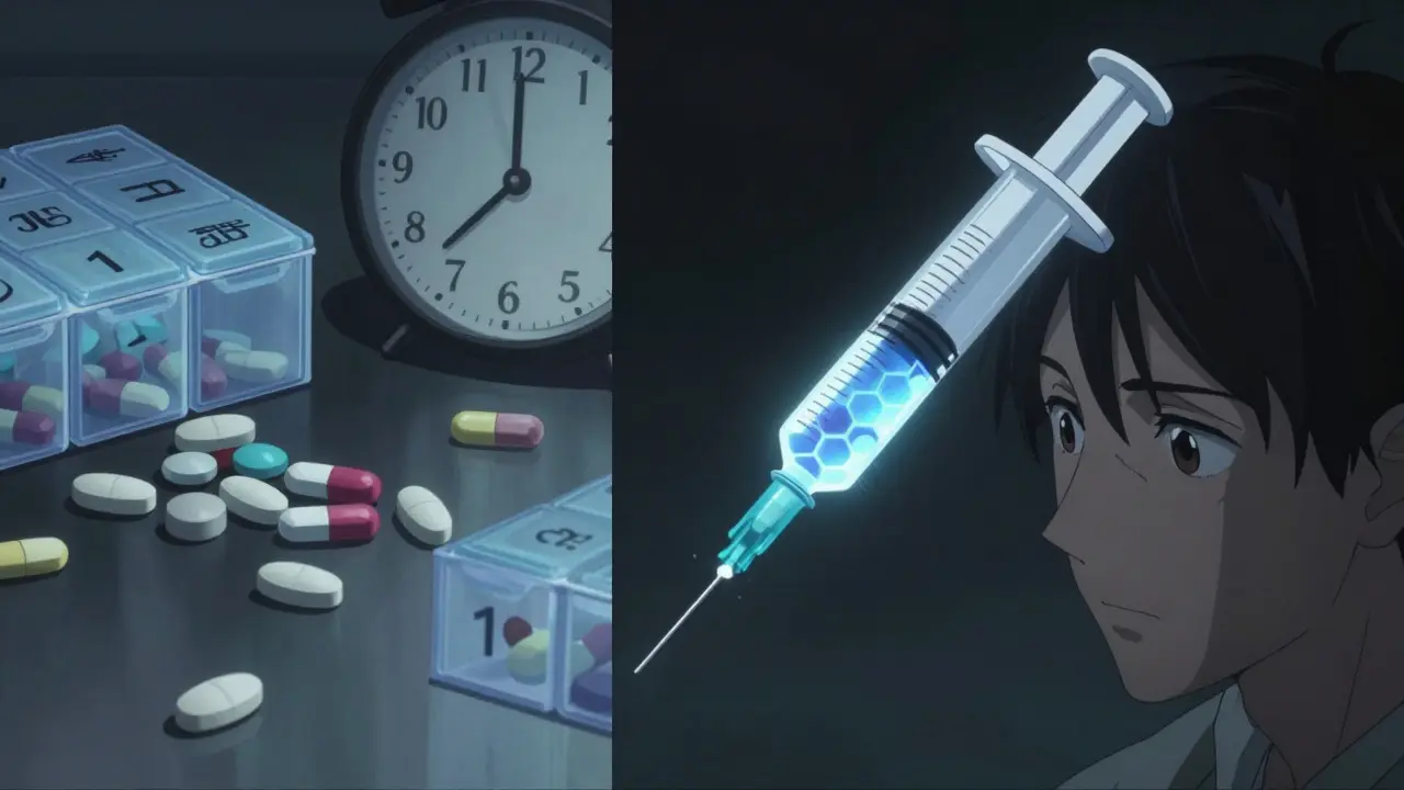 Split scene: cluttered daily pills vs. a sleek injection with a glowing capsid structure, symbolizing HIV treatment evolution.