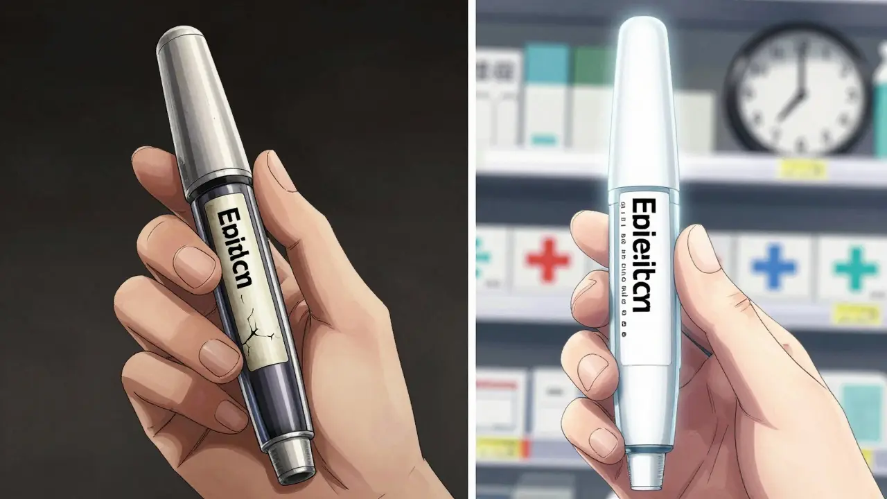 Split scene: expired EpiPen on left, new one in pharmacist's hand on right, dramatic lighting.