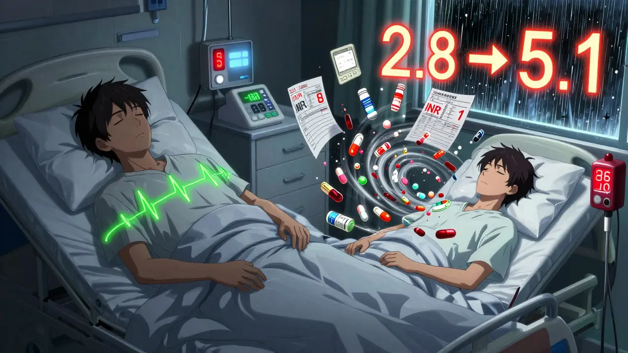 Split scene: peaceful patient vs. ER patient with fluctuating INR levels and swirling generic pills.