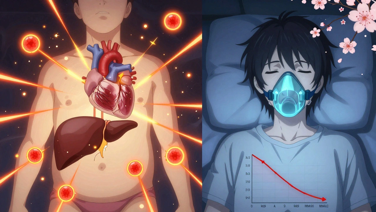 Split scene showing inflammation from fat cells damaging organs on one side, and peaceful CPAP therapy improving health on the other.