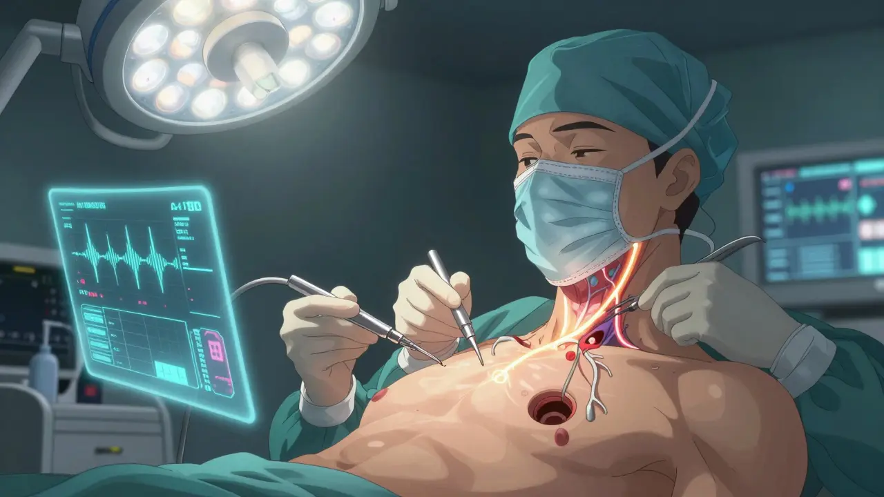 Surgeon implanting a sleep apnea device with glowing neural connections during a minimally invasive procedure.