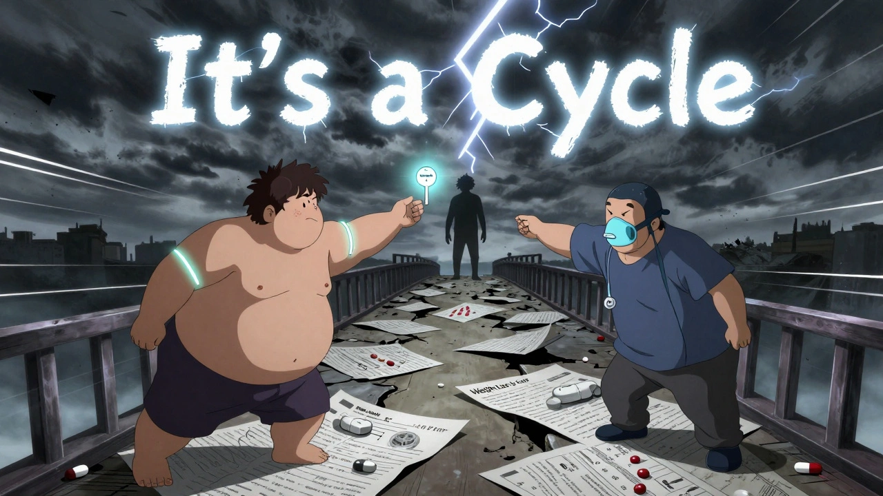 Three interconnected people on a crumbling bridge reaching for a key labeled &#039;Weight Loss + CPAP&#039; as hope shines in the distance.