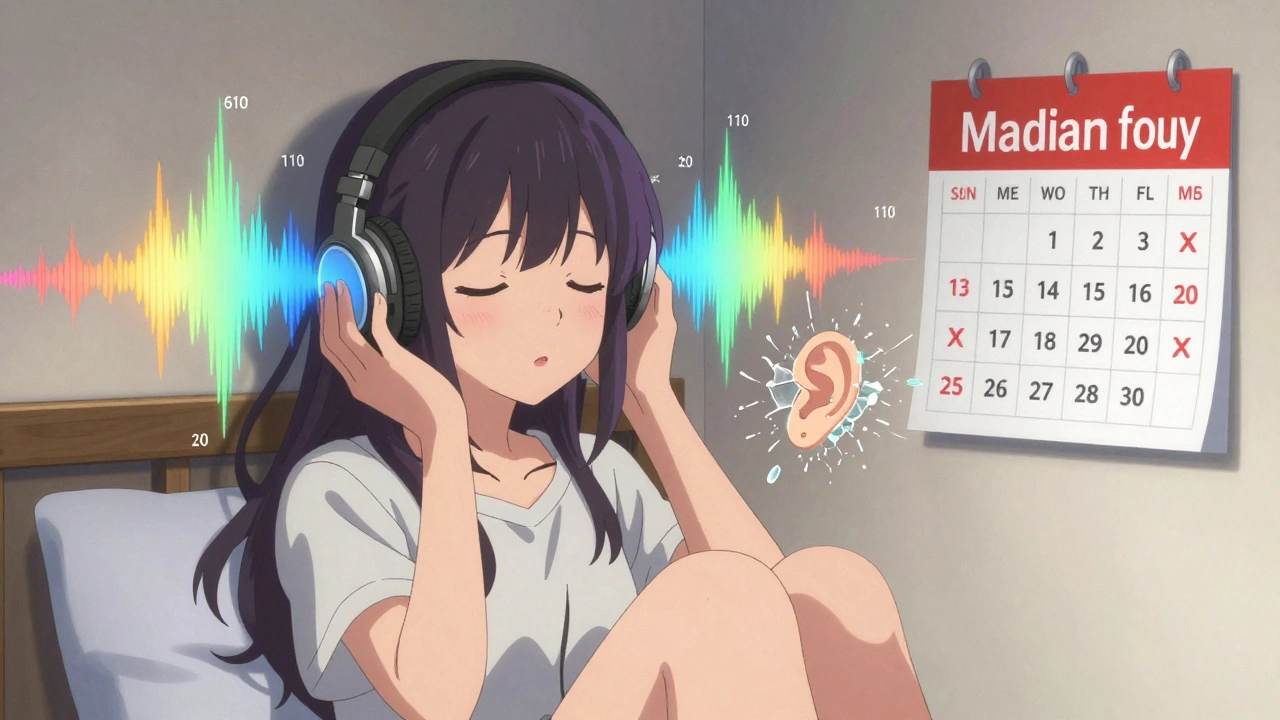 Young woman with headphones, sound waves rising from her ears as ear hair cells shatter, calendar shows missed hearing tests.