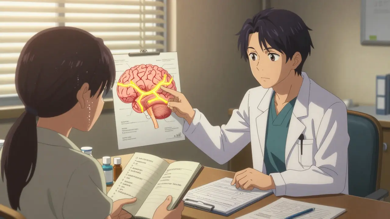 A doctor and patient discussing SSRIs with a glowing brain diagram showing serotonin pathways in a calm consultation room.