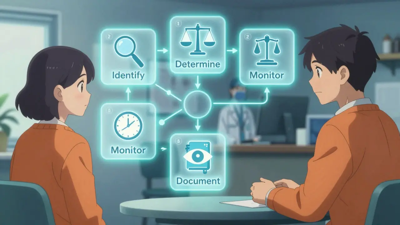 A doctor and patient in a clinic with a glowing five-step deprescribing flowchart floating between them in anime style.