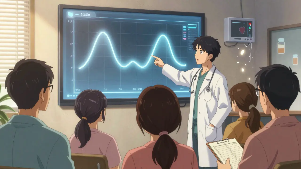 A doctor shows patients identical symptom graphs for statin and placebo, revealing the nocebo effect.