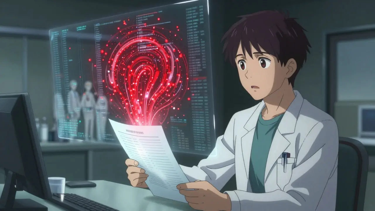 A doctor stares at a swirling storm of adverse event reports, contrasting with a faded clinical trial image.