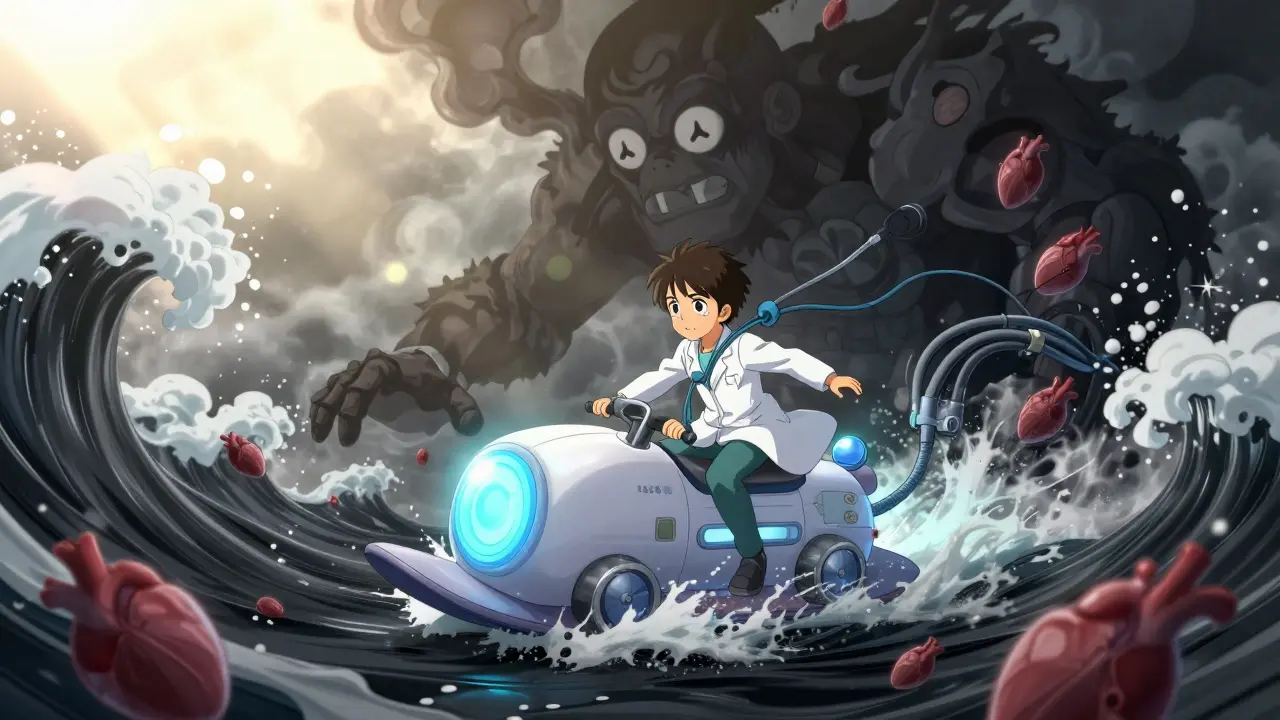 A hero rides a CPAP machine through a dreamscape of collapsing airways and dissolving heart threats.