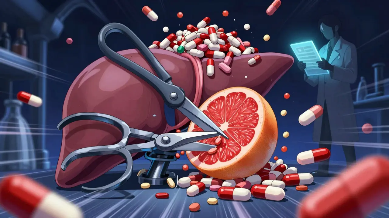 A mechanical liver with enzyme scissors being crushed by a grapefruit, causing dangerous drug buildup, illustrated in dramatic anime style with neon accents.