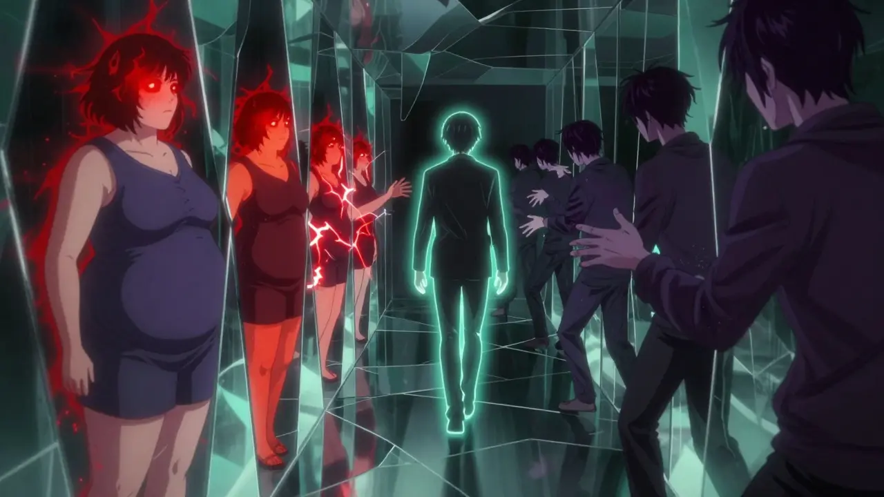 A person walking through a fractured mirror hallway where each shard reflects a different SSRI side effect.