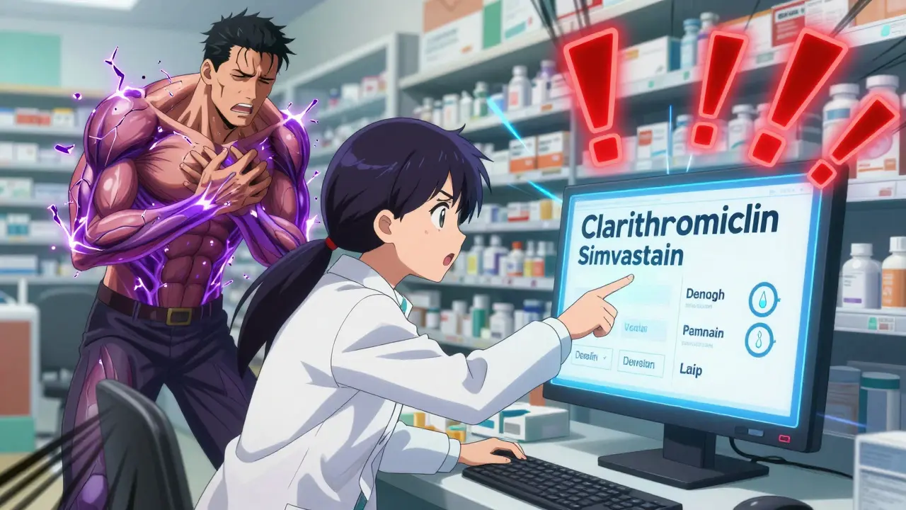 A pharmacist pointing at a computer alert showing lethal interaction between clarithromycin and simvastatin, while a patient experiences muscle breakdown.