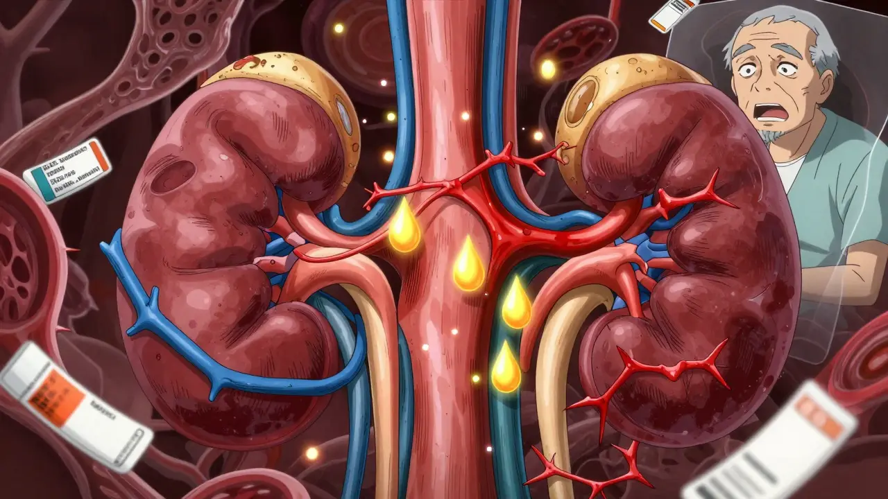 A stylized kidney under chemical attack from three medications, with glowing vines and thorns constricting blood flow.