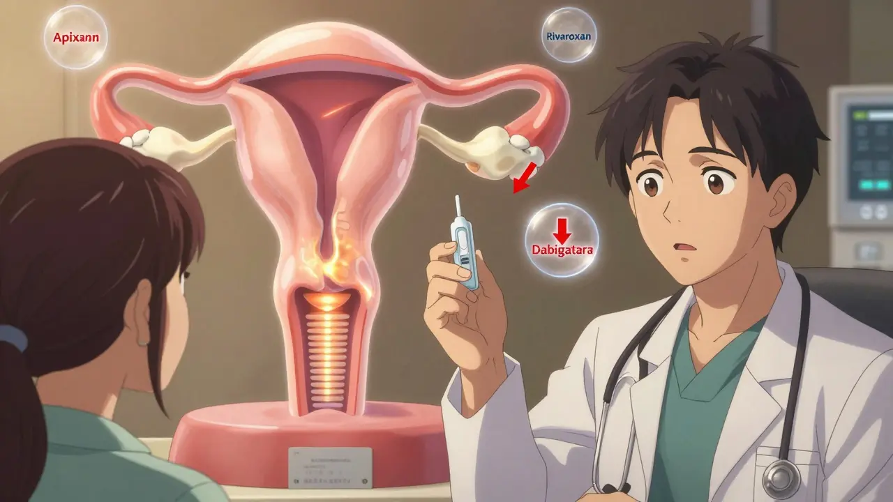 A woman presents a hormonal IUD to her hematologist during a consultation, with anticoagulant drug icons floating nearby.