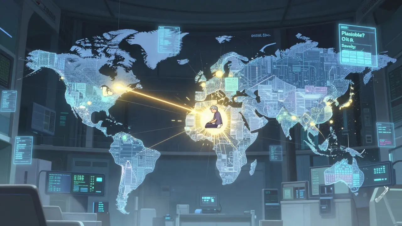 An AI network connects patient data across America, highlighting one elderly patient with multiple medications.