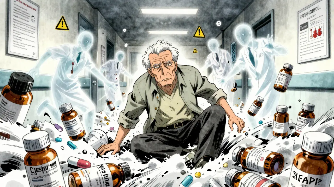 An elderly man overwhelmed by floating pill bottles in a surreal hospital corridor.