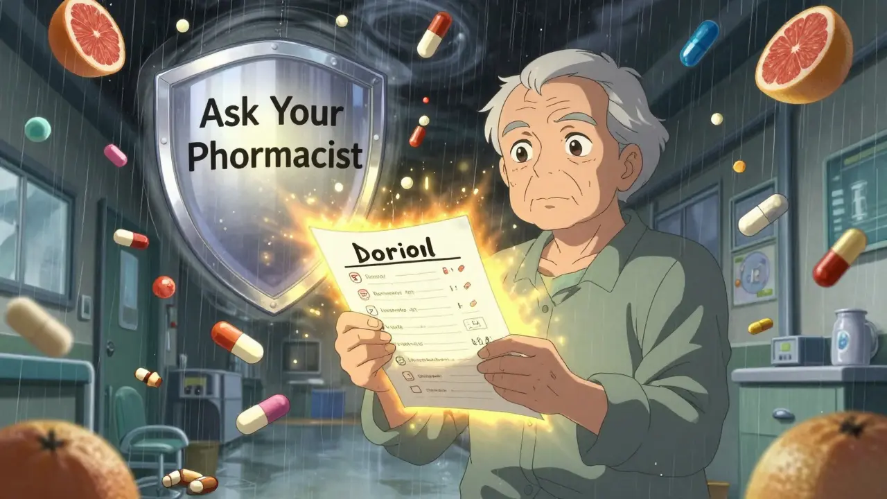 An elderly patient holding a glowing medication list that repels harmful drug interactions, standing strong amid floating pills and supplements in anime style.