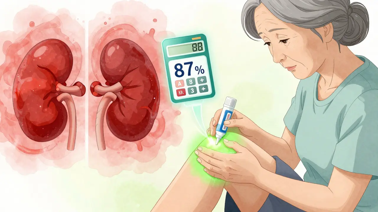 An elderly woman applying topical gel to her knee, with a safe green glow contrasting a dangerous oral pill alternative.