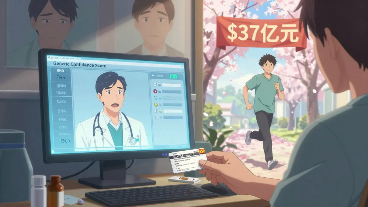 Clinician uses EHR prompt as patient reaches for generic prescription, past doubts fading into a healthy future.