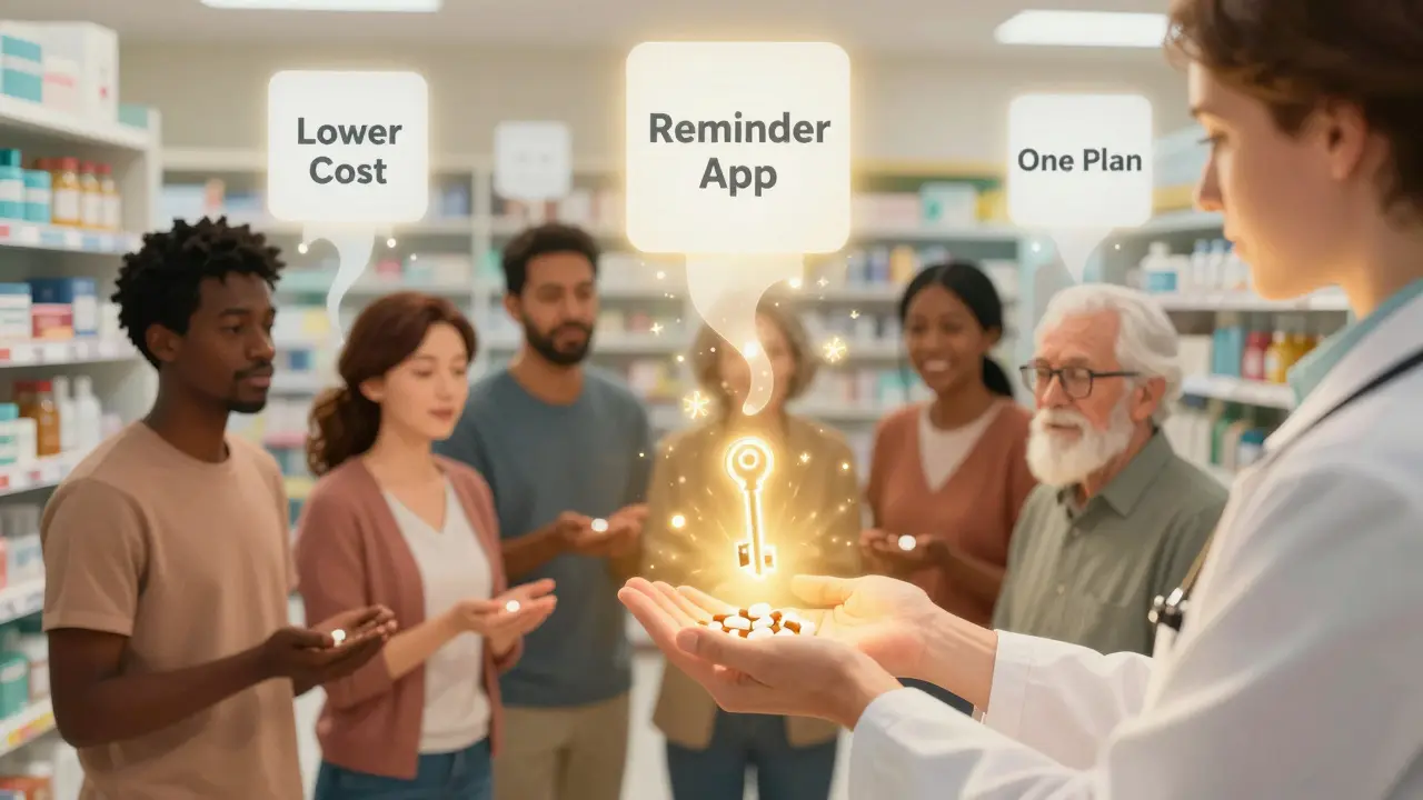 Diverse patients receiving hope from a pharmacist as pills transform into keys of access.