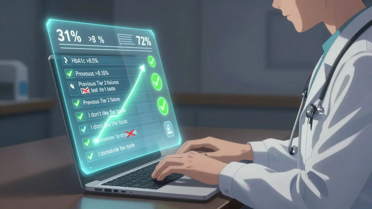 Doctor reviewing a digital insurance form with clinical notes boosting approval odds from 31% to 72%.