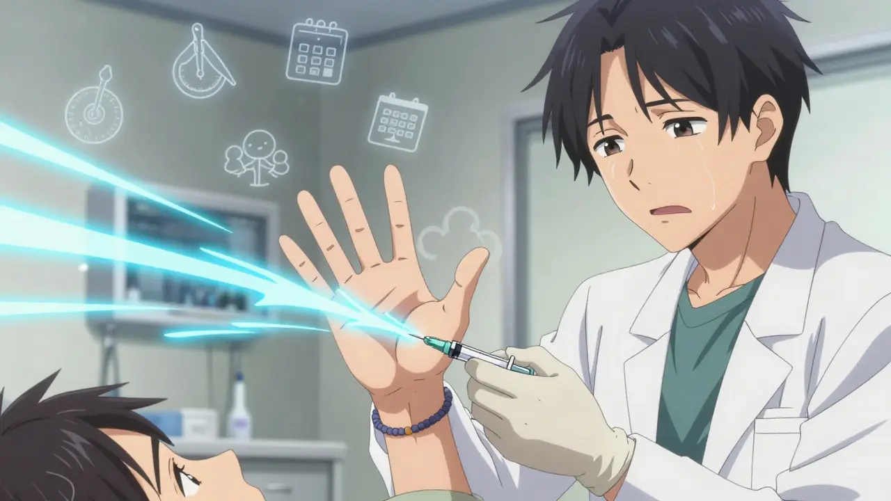 Doctor using a needle to release a contracture, fingers snapping straight with motion blur.