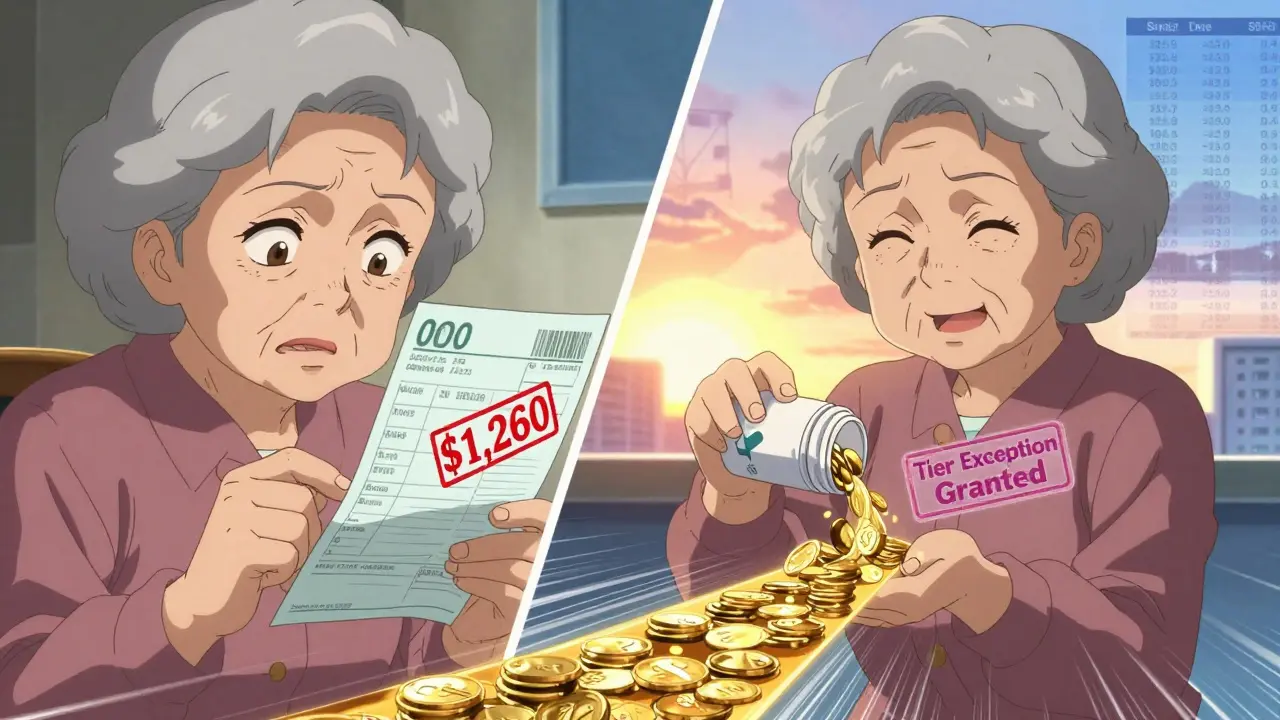 Elderly woman smiling as money flows from her pill bottle, transitioning from a high bill to approval.