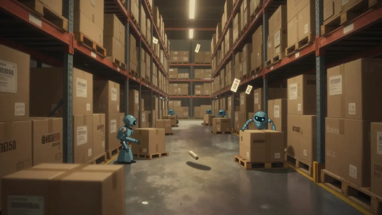 Endless warehouse of generic drug boxes with a single pill rolling across the floor