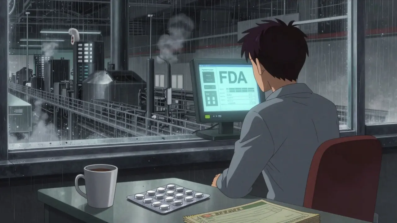 Factory manager overlooking silent production line under flickering FDA monitor