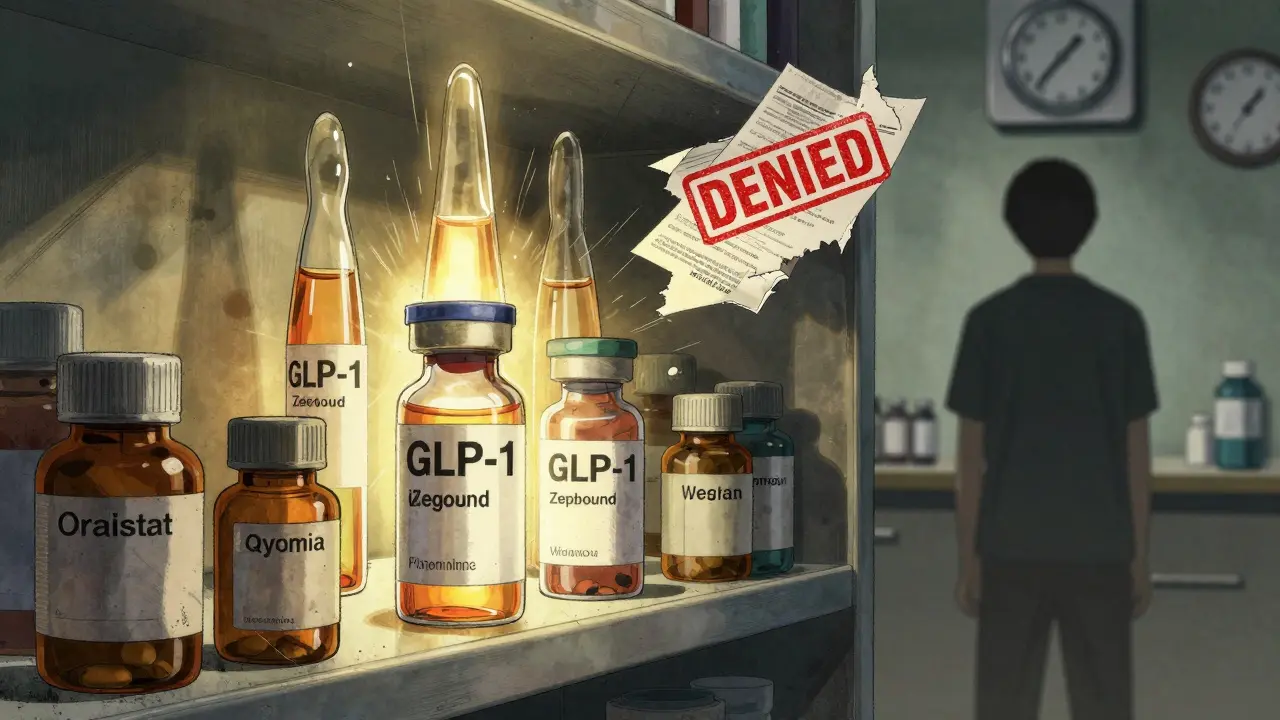 GLP-1 drugs glowing on a pharmacy shelf while older pills sit in shadow, insurance denial floating nearby.