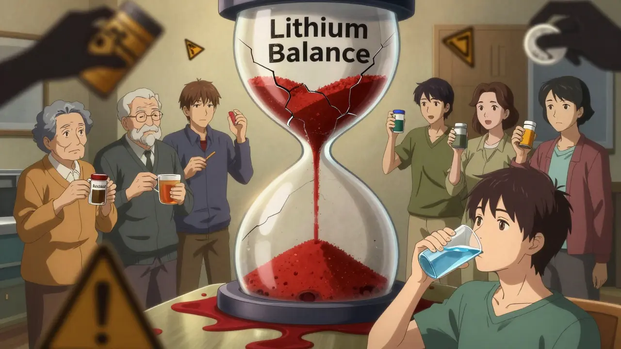 Group of patients pulled toward a crumbling hourglass labeled 'Lithium Balance,' one drinking water safely.