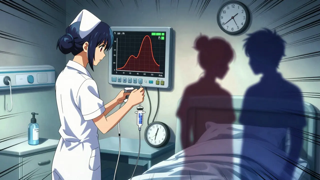 Nurse adjusting insulin pump as blood sugar peaks at 1 p.m. after morning steroid dose.