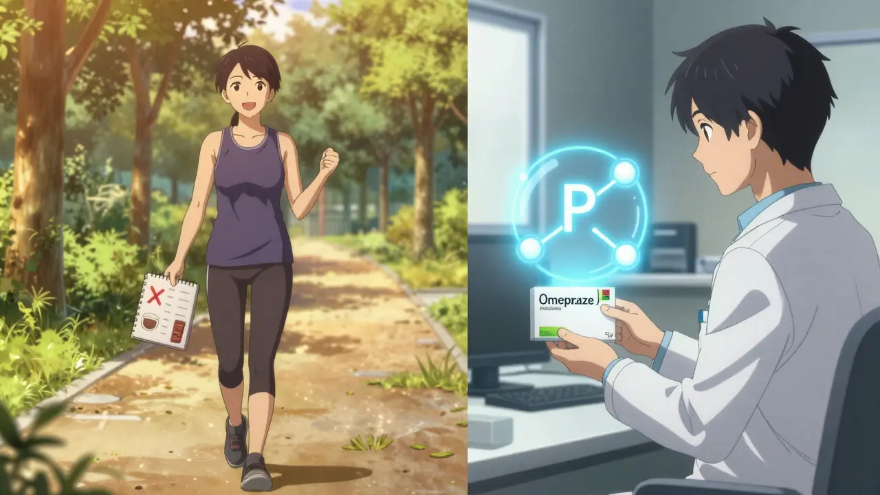 Person walking in park with food diary while receiving PPI prescription, symbolizing lifestyle and medicine combined.