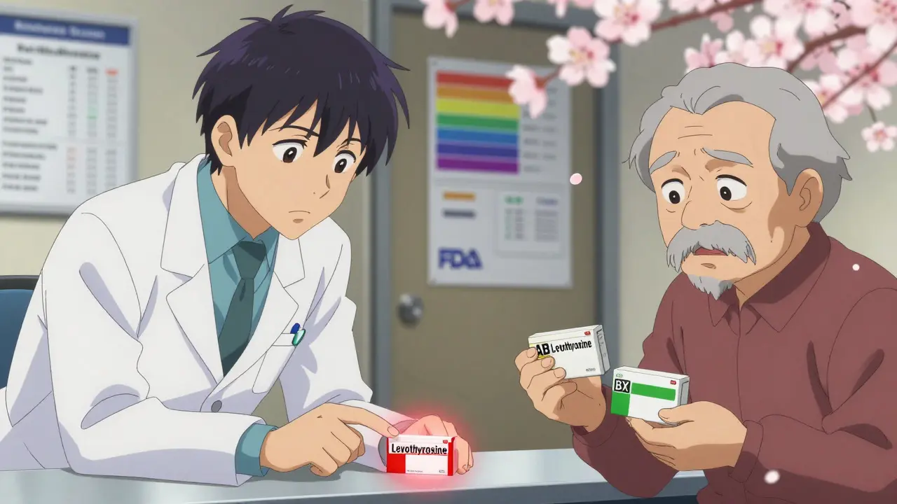 Pharmacist explaining generic substitution risks to an elderly patient with warning icons floating nearby.