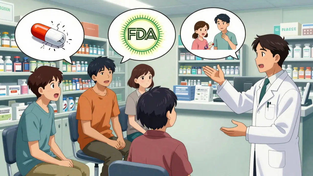 Pharmacist explains generics to diverse patients, each with unique thought bubbles showing trust-building imagery.