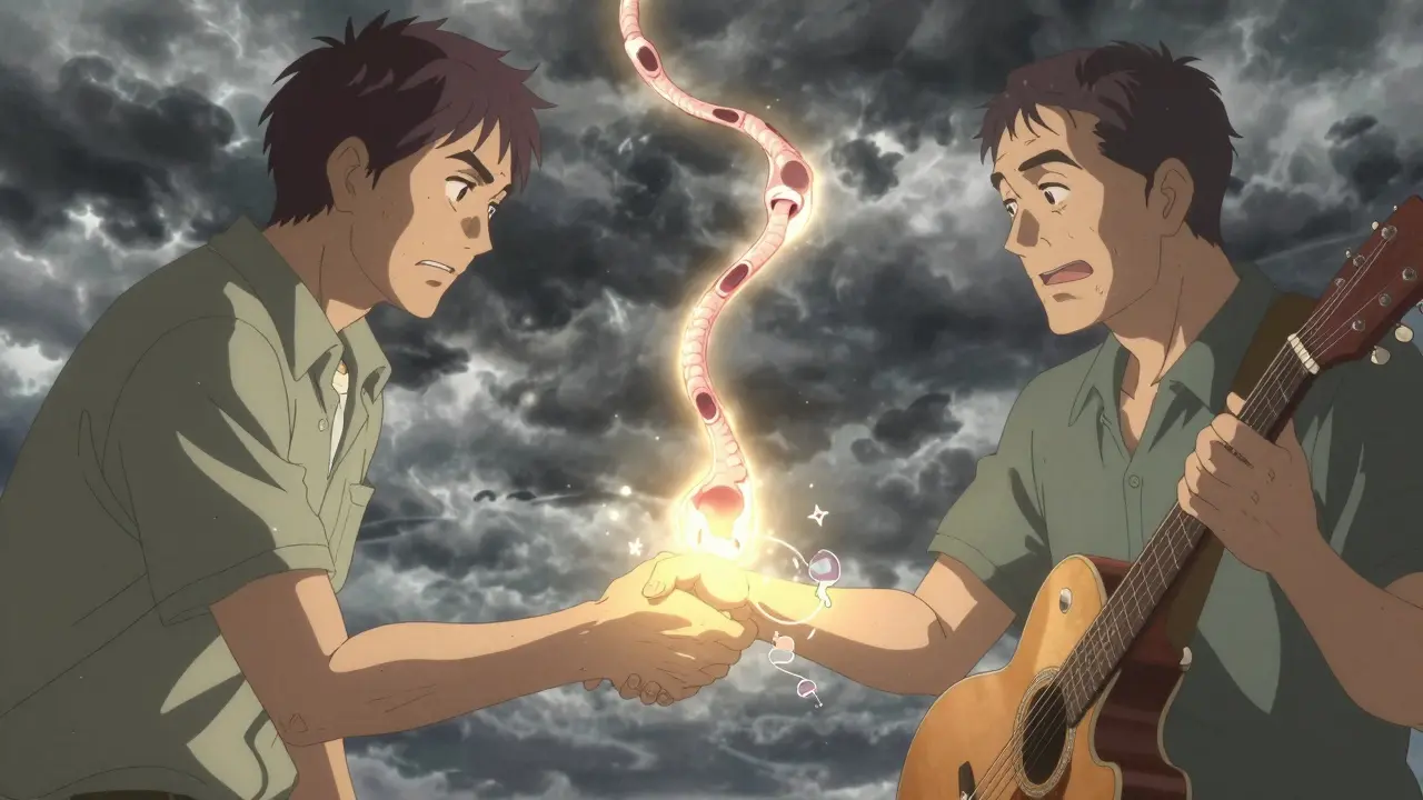 Split scene: bent hand struggling to shake vs. healed hand holding a guitar pick in sunlight.