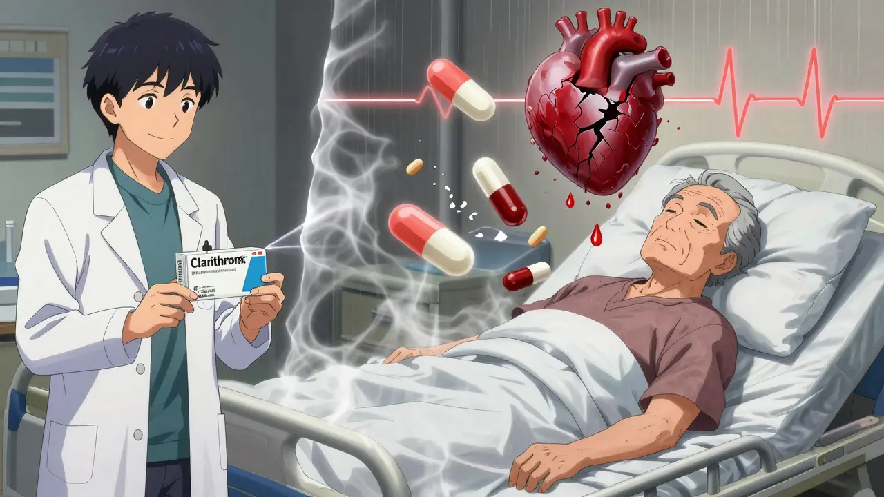 Split scene: doctor prescribing clarithromycin vs. same patient collapsing with shattered medication pills and a broken heart above, representing deadly consequences.