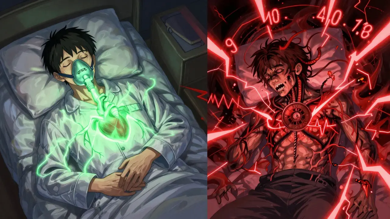 Split scene: peaceful CPAP use vs. chaotic untreated sleep apnea affecting the heart.